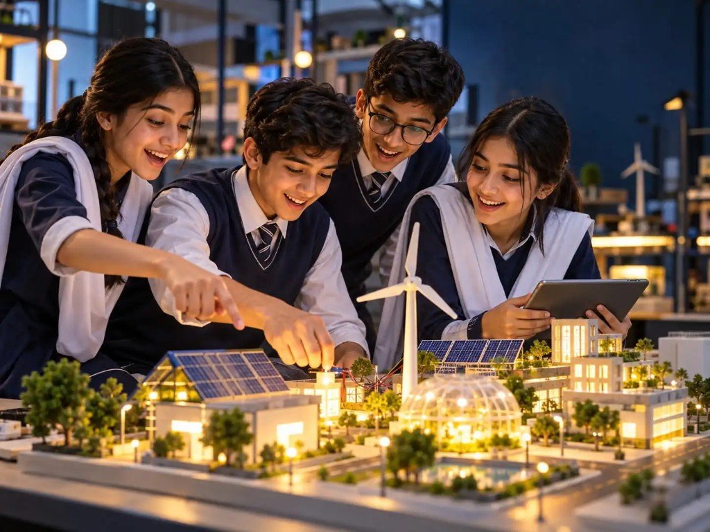 Students presenting a lit sustainable-city model they built together
