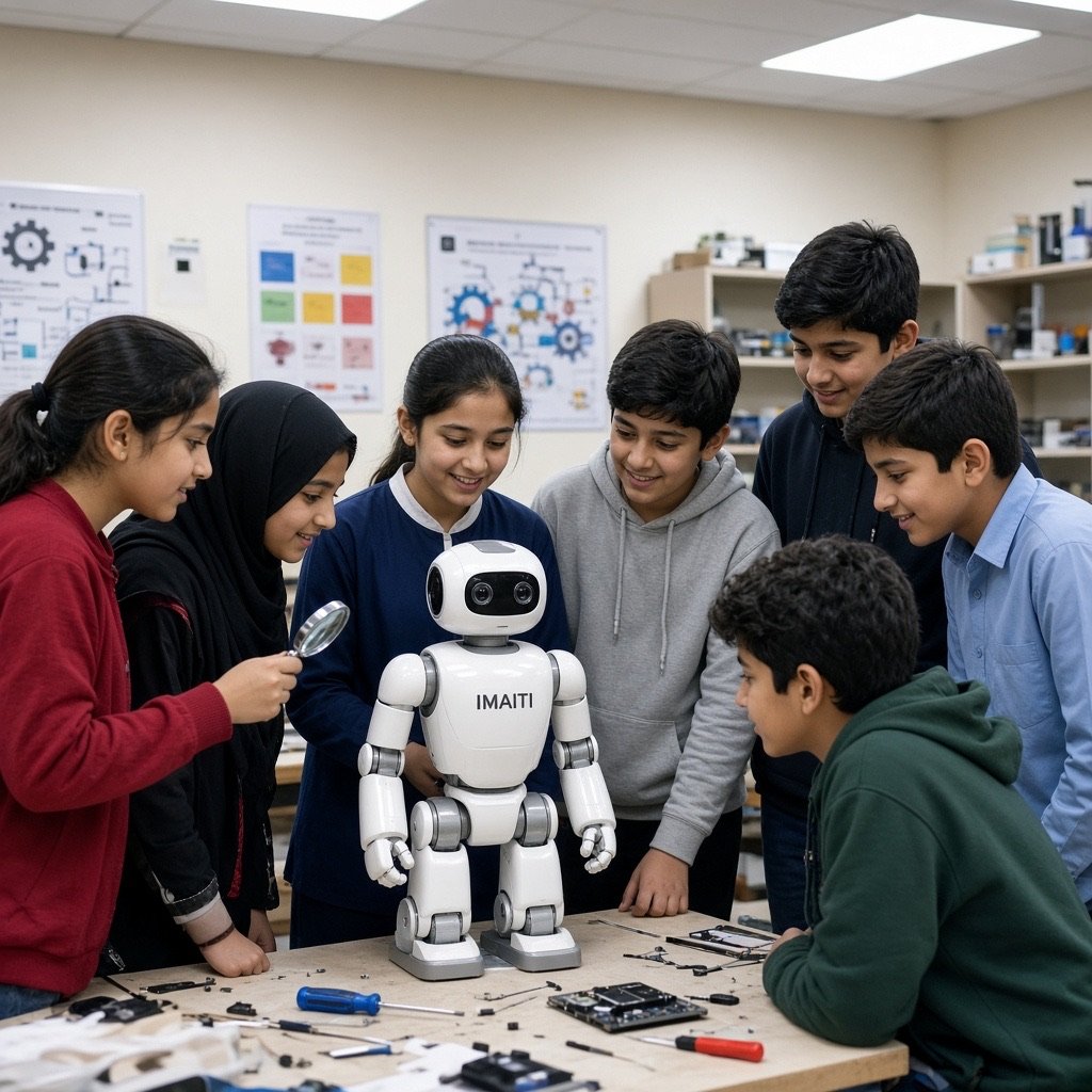 Children gathered around a robot they have built