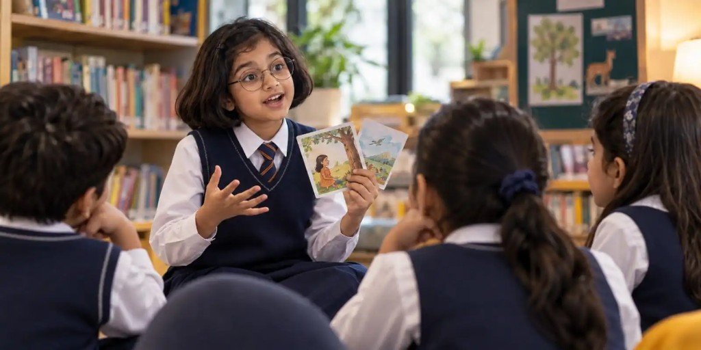A student presenting illustrated story cards to classmates in the library