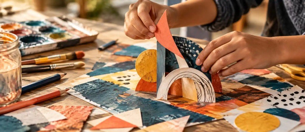 Hands assembling a colourful paper sculpture with paints and brushes nearby